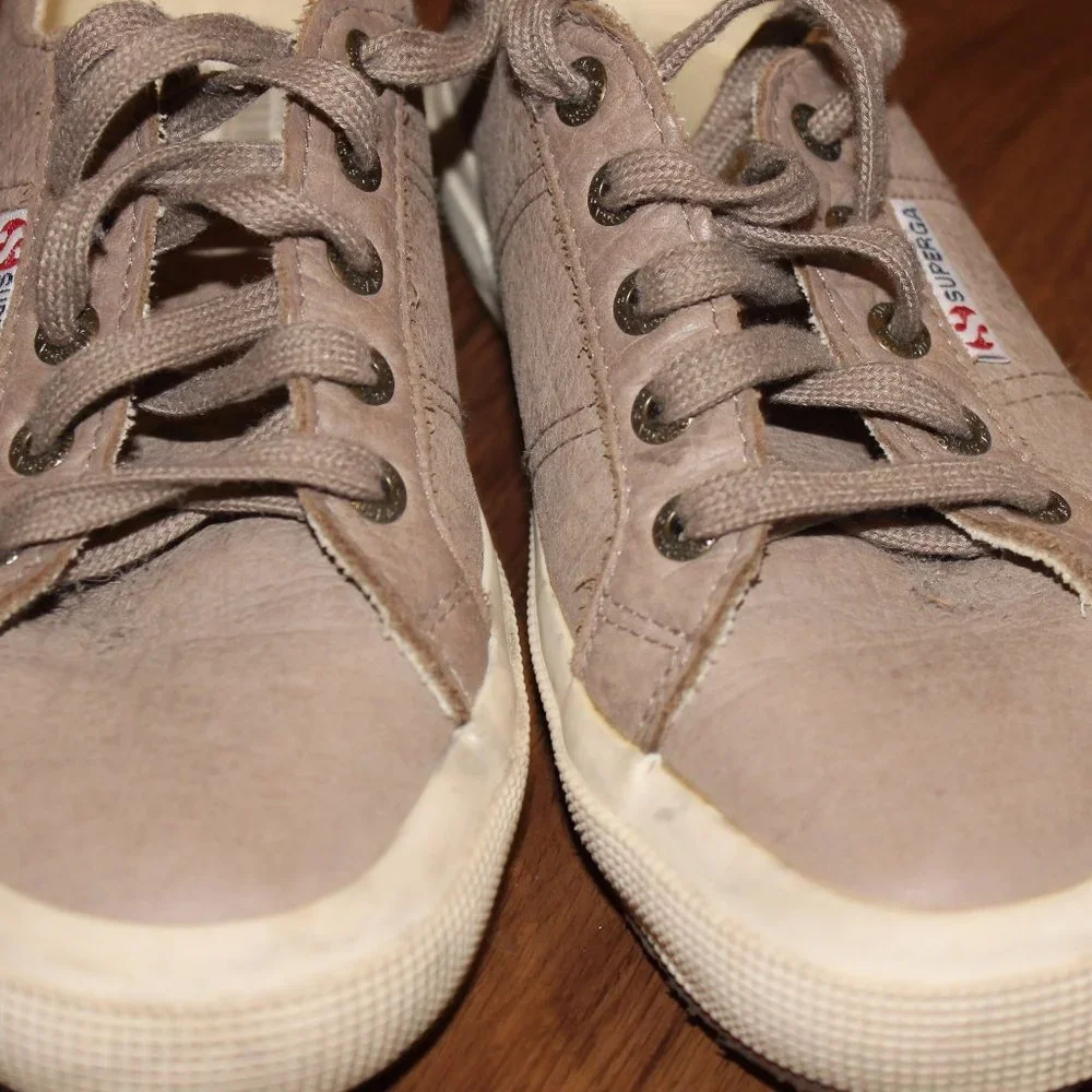 Superga Womens Sneakers Tan Gray Lace Up Leather Shoes 37 7